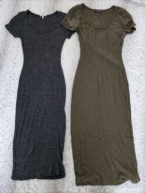 Bundle Of 2 -Ribbed Scoop Neck Midi Dreses - Olive Green & Charcoal